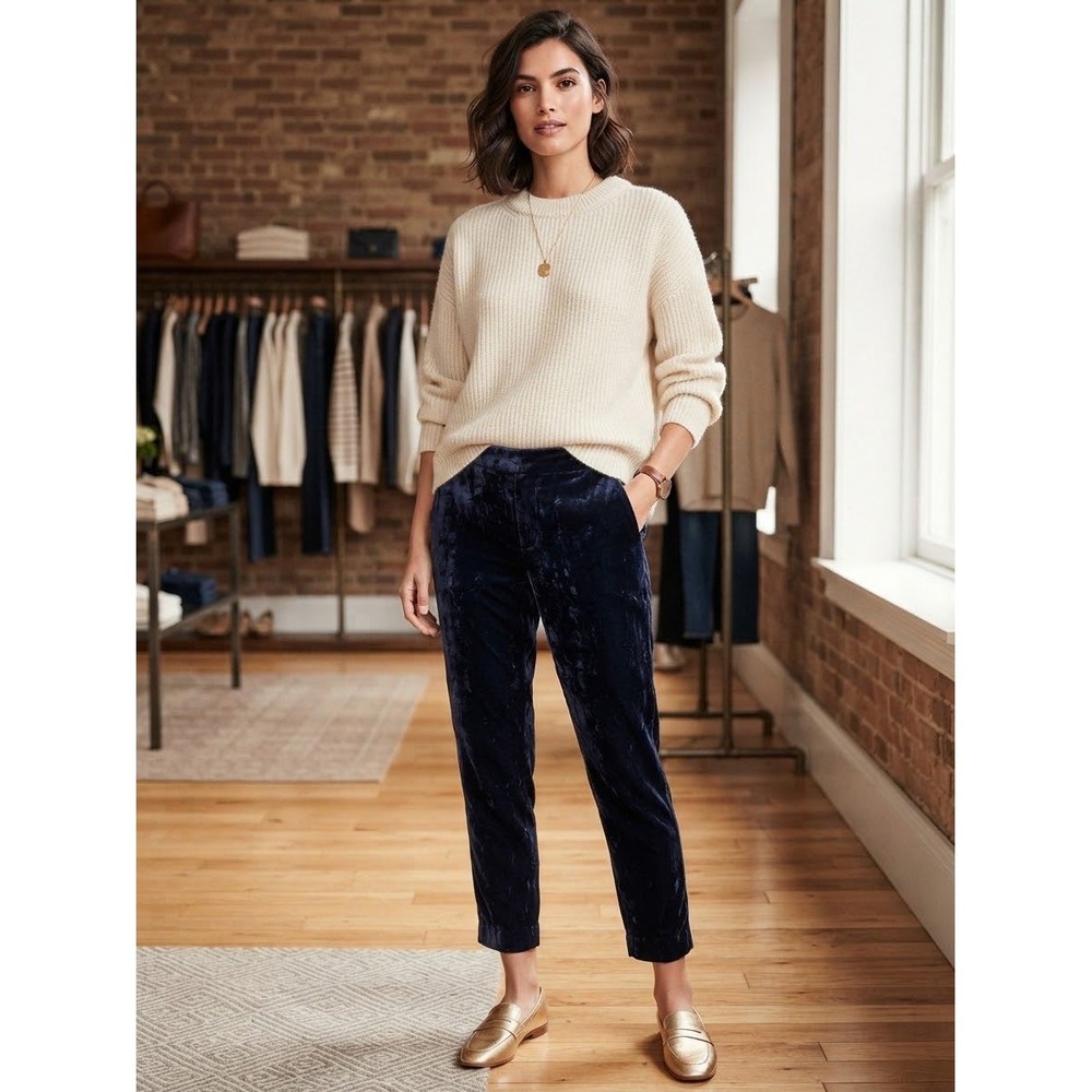 J.Crew Navy Blue Crushed Velvet Pull On Tapered Ankle Pants 8 Pockets Holiday